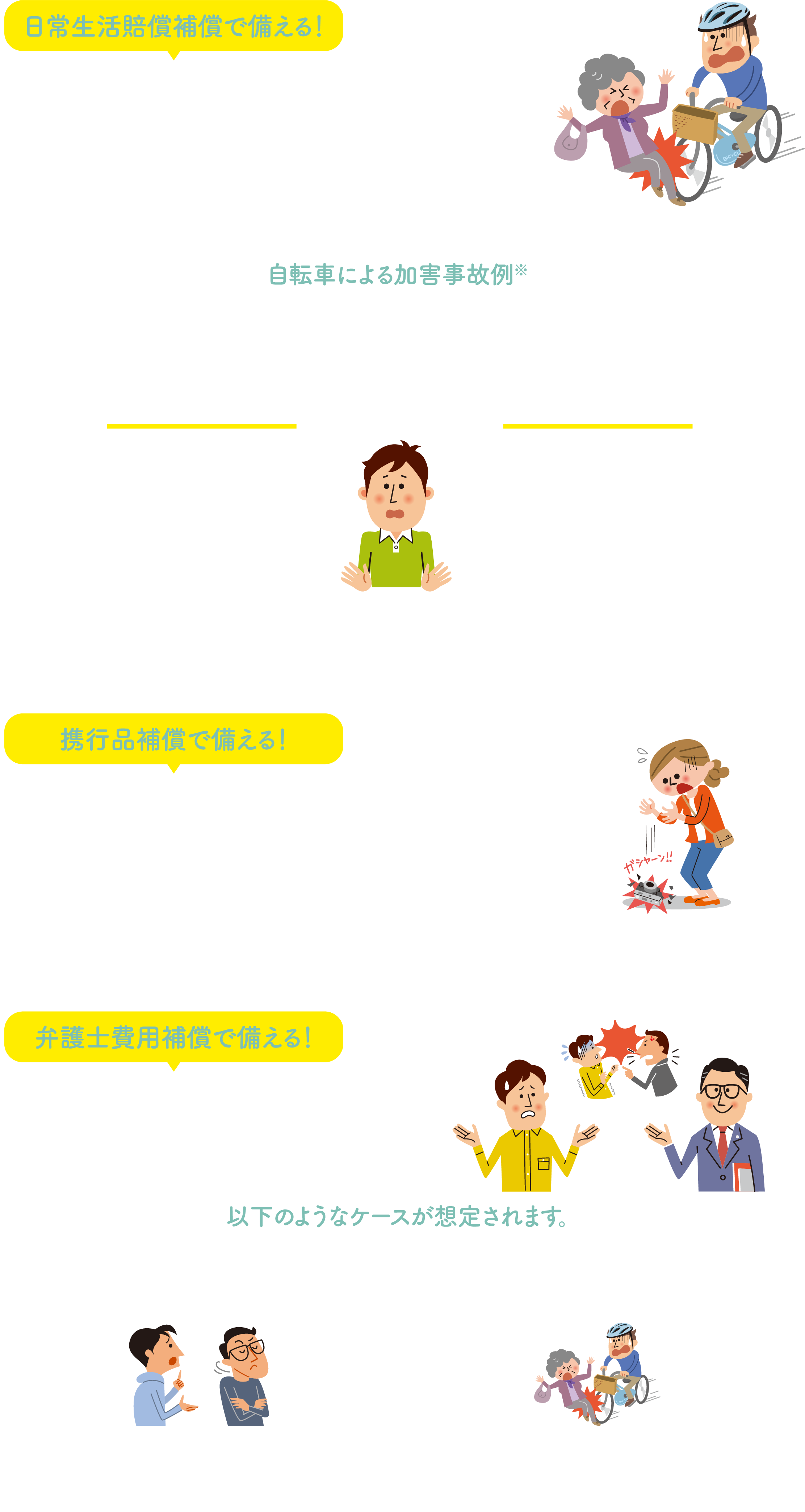 日常生活賠償補償で備える！ 身近なところに潜んでいる高額賠償リスクへ備えませんか？ 自転車を乗るために保険が必要…？と感じている方も多いかと思いますが、今やおよそ6分に1件の割合で自転車事故が発生しております。また、その際相手にケガをさせた場合、賠償責任が発生し、その賠償額が高額となる場合がございます。／自転車による加害事故例※／判決認容額（注）9,521万円 男子小学生（11才）が夜間、帰宅途中に自転車で走行中、歩道と車道の区別のない道路において歩行中の女性（62才）と正面衝突。女性は頭蓋骨骨折等の傷害を負い、意識が戻らない状態となった。神戸地方裁判所　2013年7月4日判決／判決認容額（注） 9,266万円 男性高校生が昼間、自転車横断帯のかなり手前の歩道から車道を斜めに横断し、対向車線を自転車で直進してきた男性会社員（24才）と衝突。男性会社員に重大な障害（言語機能の喪失等）が残った。東京地方裁判所　2008年6月5日判決／（注）判決認容額とは、上記裁判における判決文で加害者が支払いを命じられた金額です（上記金額は概算額）、上記裁判後の上訴等により、加害者が実際に支払う金額と異なる可能性があります。※日本損害保険協会「知っていますか？自転車事故の実態と備え」（2019年8月改訂）から作成／携行品補償で備える！ ご自身の携行品の破損等、偶然の事故に備えていますか？ 携行品補償はオプションのため、基本補償に追加することで以下のようなリスクに備えることができます。盗難・破損・火災などの偶然な事故により、携行品に損害が発生した場合に保険金が支払われます。／例えばこんなときに 旅先でカメラを落として壊してしまった。／弁護士費用補償で備える！ あおり運転の被害に備えて、弁護士費用を準備しませんか？／あおり運転意外にも、以下のようなケースが想定されます。 ・ケース1：子どもがケガを負わされたが、相手の親が治療費の請求に応じてくれない。・ケース2：一方的に自転車に衝突されたが、相手が治療費の交渉に応じてくれない。