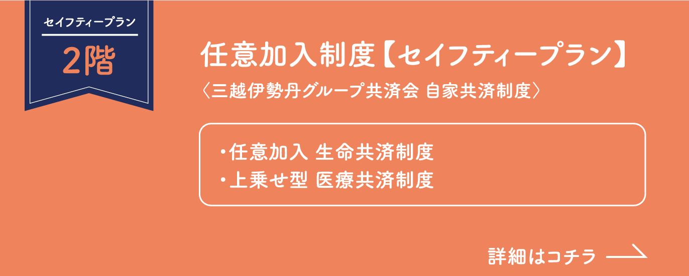 セイフティープラン2階 任意加入制度【セイフティープラン】（三越伊勢丹グループ共済会 自家共済制度） ・任意加入 生命共済制度 ・上乗せ型 医療共済制度 詳細はコチラ