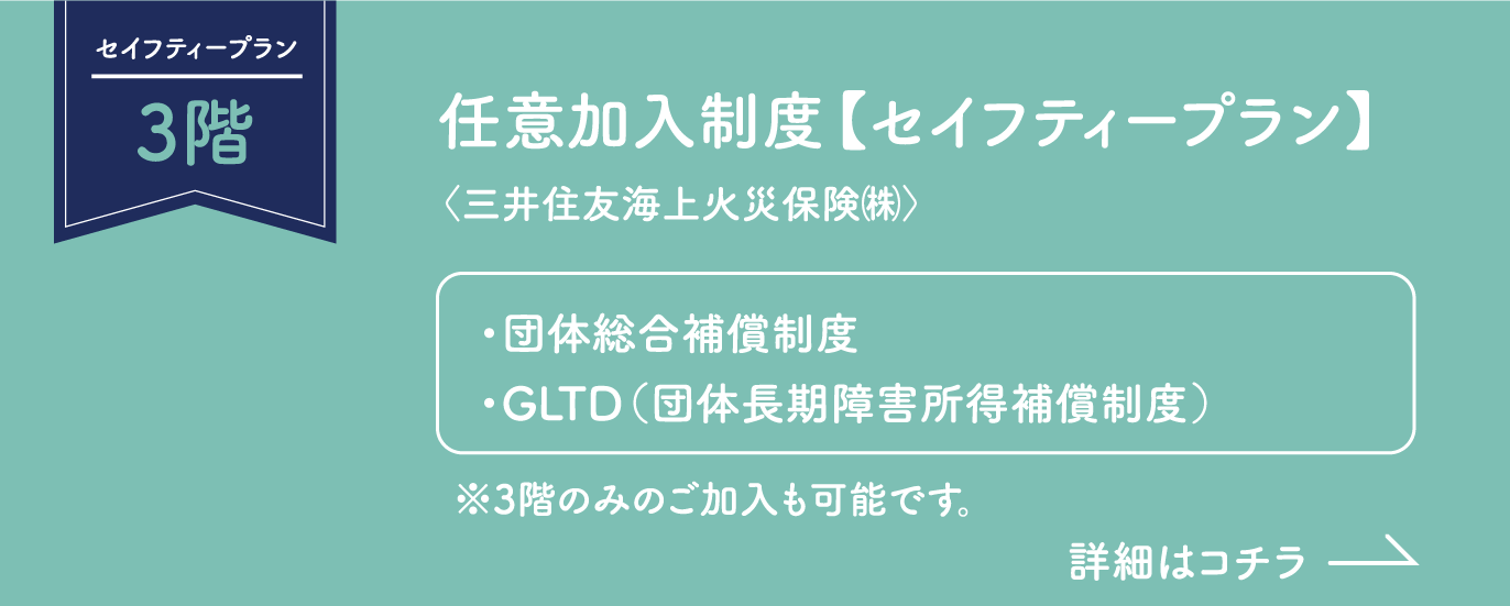 セイフティープラン3階 任意加入制度【セイフティープラン】（三井住友海上火災保険（株）） ・団体総合補償制度 ・GLTD（団体長期障害所得補償制度） ※3階のみのご加入も可能です。 詳細はコチラ