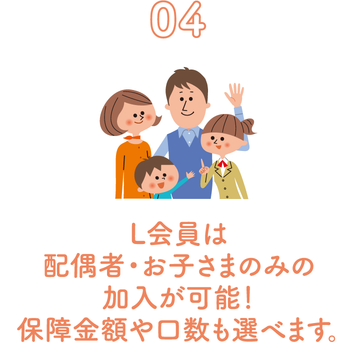 04 L会員は配偶者・お子さまのみの加入が可能！ 補償金額や口数も選べます。